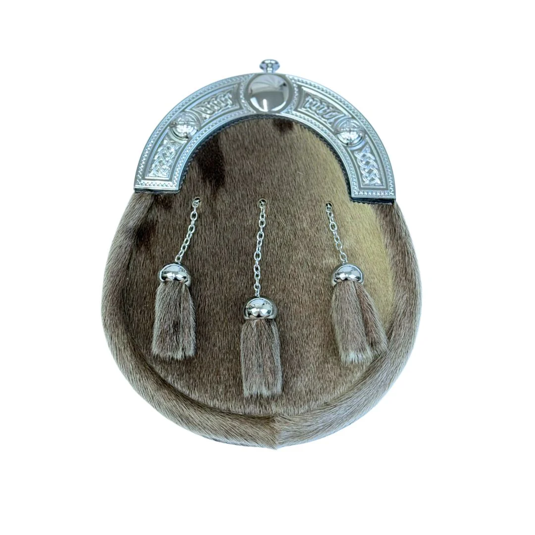 Scottish Made - Full Dress Chrome Celtic Knot Sporran - Light Grey Sealskin - Image 2