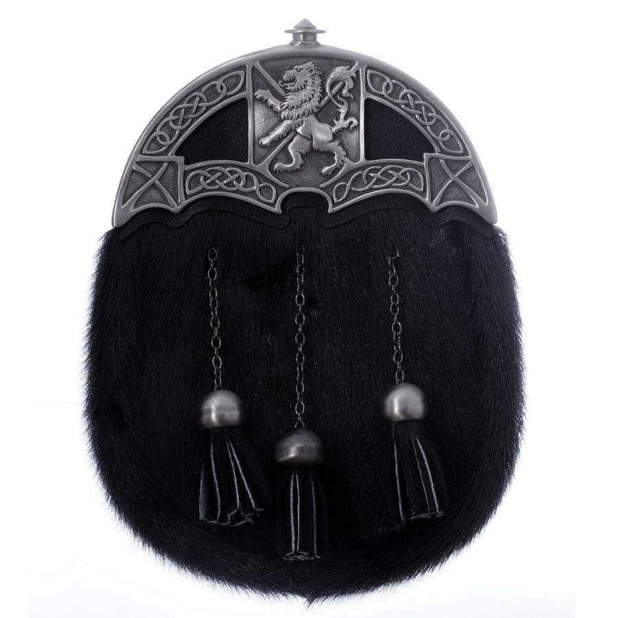 Full Dress Sporran - Lion and Saltire Design - Black Seal Skin - Matt Finish