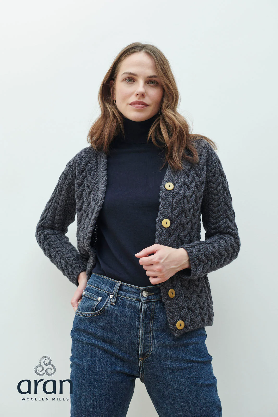 Ladies 5 Button Merino Wool Cardigan by Aran Mills - 2 Colours - Image 2