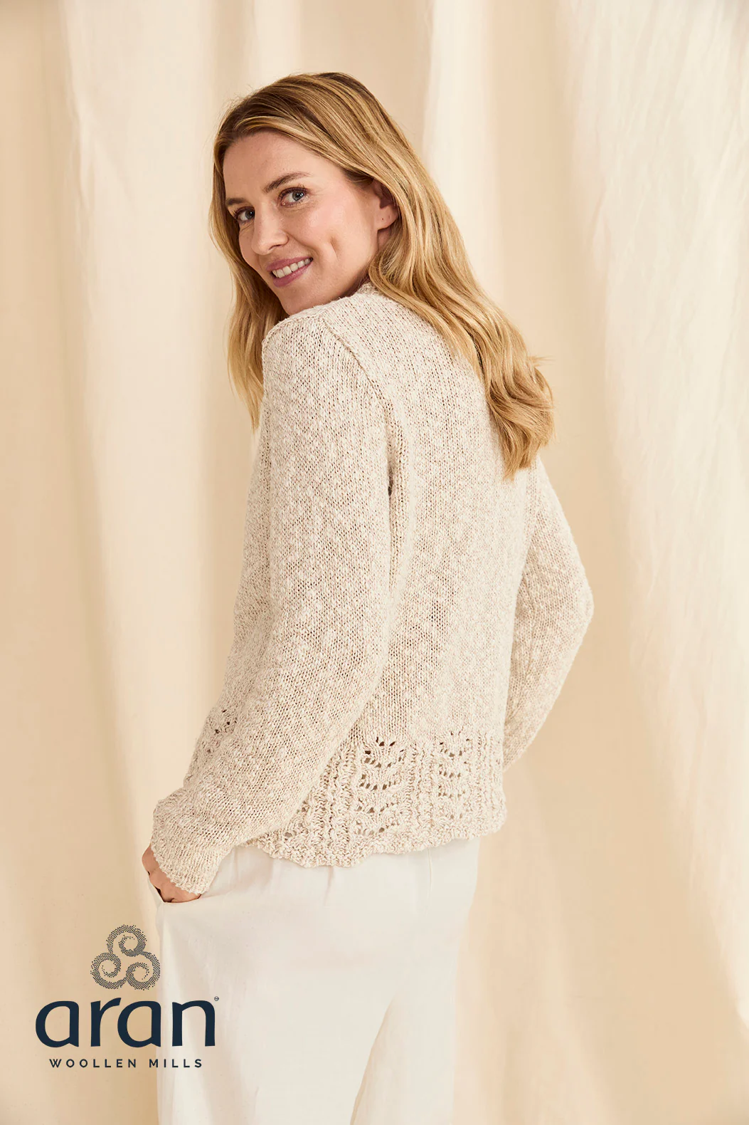 Ladies Cotton/Linen Sweater by Aran Mills - Oatmeal - Image 2