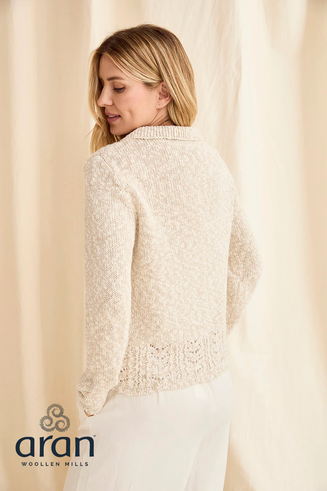 Ladies Cotton/Linen Collared Cardigan by Aran Mills - Oatmeal - Image 2
