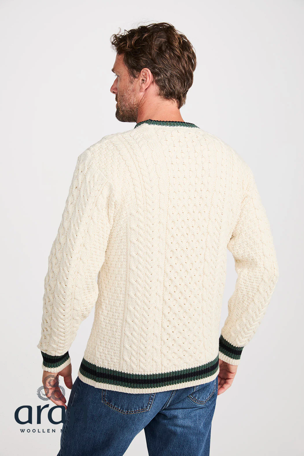 Mens Merino Wool Stripe Crew Neck Sweater by Aran Mills - Cream/Green - Image 2