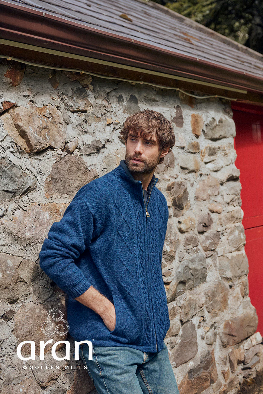Mens Shetland Wool Zip Cardigan by Aran Mills - Dark Blue