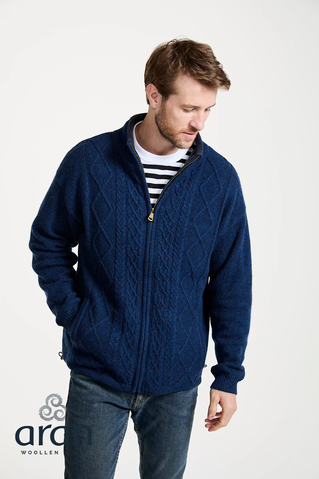 Mens Shetland Wool Zip Cardigan by Aran Mills - Dark Blue - Image 2