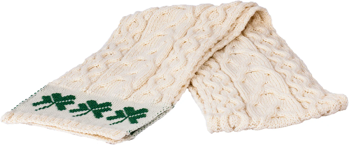 Unisex Merino Wool Cable Pattern Scarf with Shamrock Design by Aran Mills - Image 3