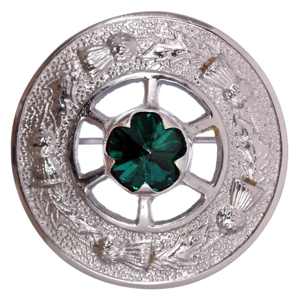 Miniature Thistle Design and Green Stone Brooch - Chrome Finish - Image 2
