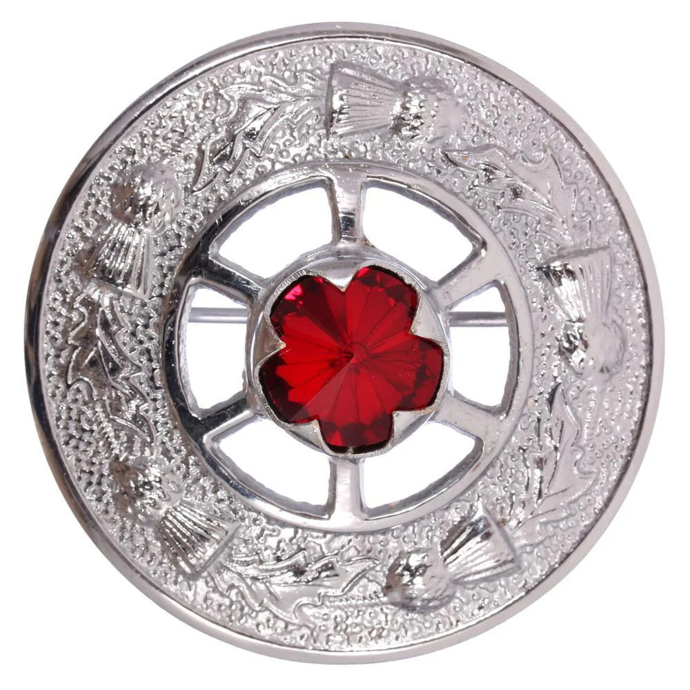 Miniature Thistle Design and Red Stone Brooch - Chrome Finish - Image 2