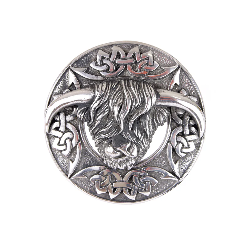 Plaid Brooch - Highland Cow Design - Polished Finish