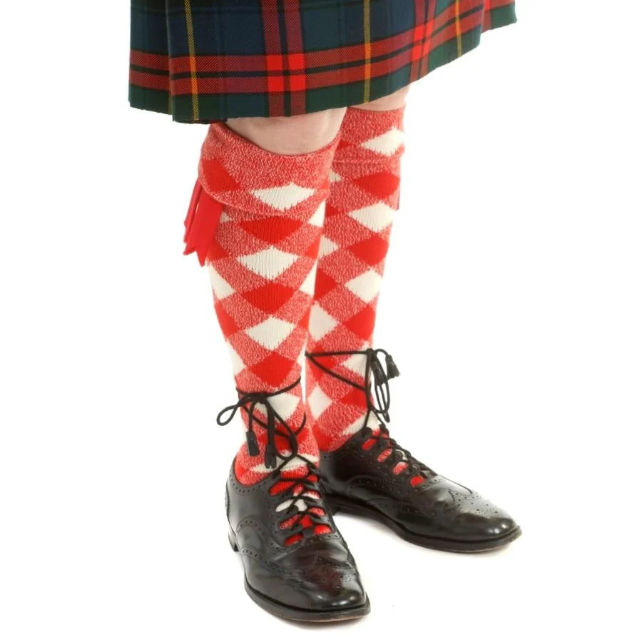 Premium Merino Wool Regimental Diced Kilt Hose - Red & White - Image 2