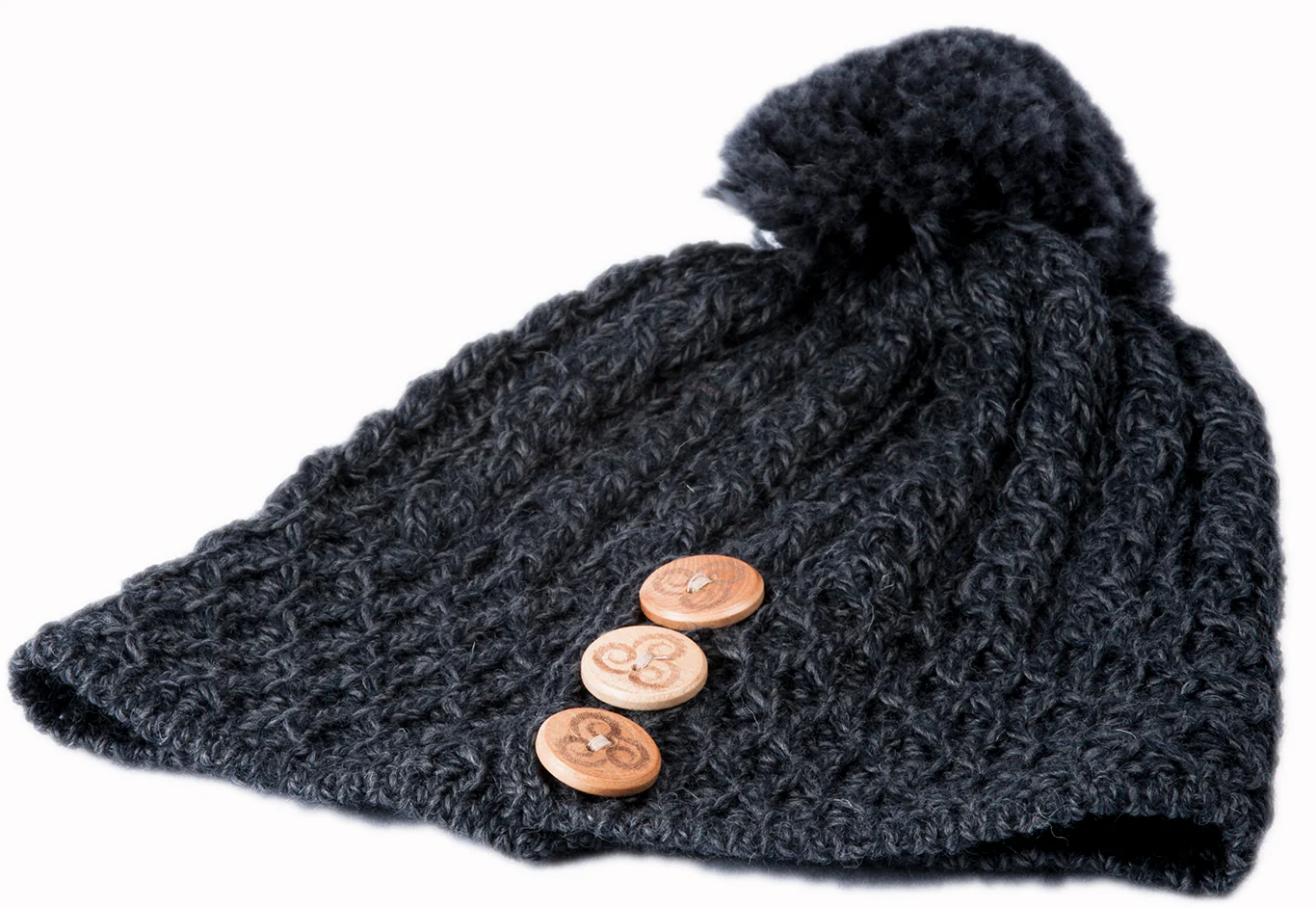 Women's Merino Wool Button Detail Hat with Bobble by Aran Mills - Image 2