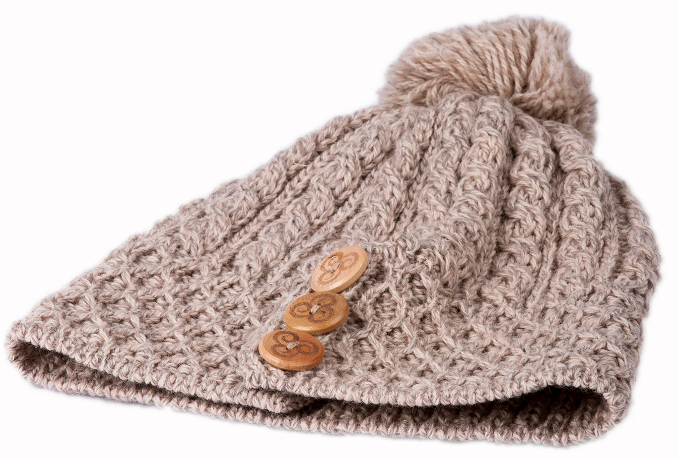 Women's Merino Wool Button Detail Hat with Bobble by Aran Mills - Image 3
