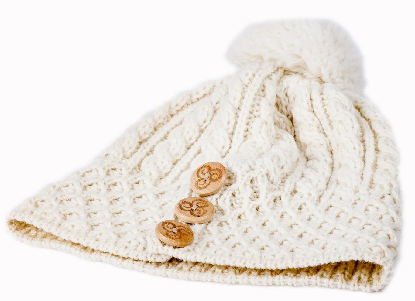 Women's Merino Wool Button Detail Hat with Bobble by Aran Mills - Image 4