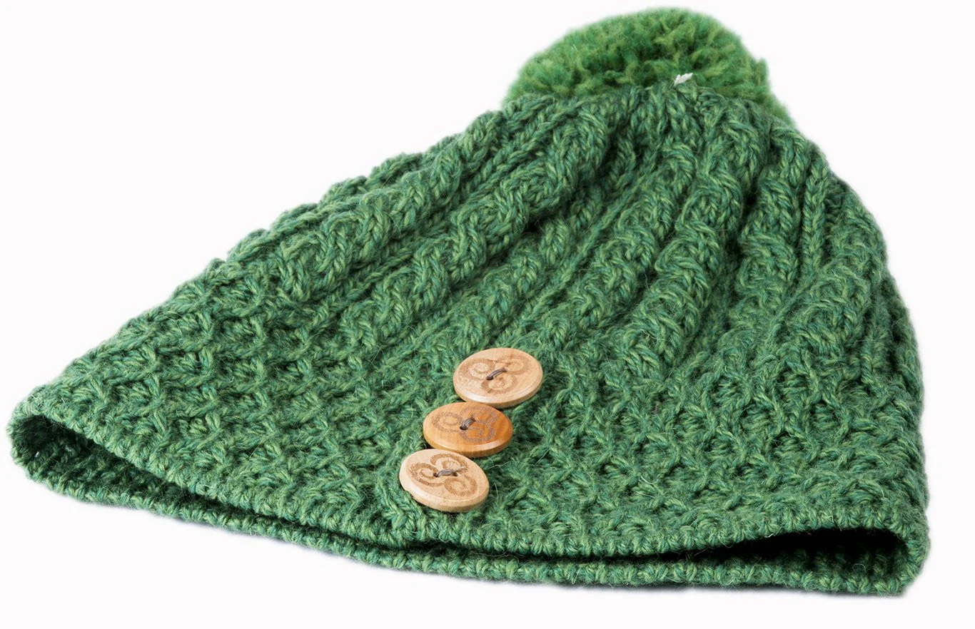 Women's Merino Wool Button Detail Hat with Bobble by Aran Mills - Image 6