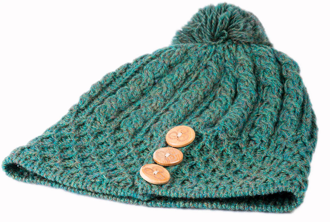 Women's Merino Wool Button Detail Hat with Bobble by Aran Mills - Image 8